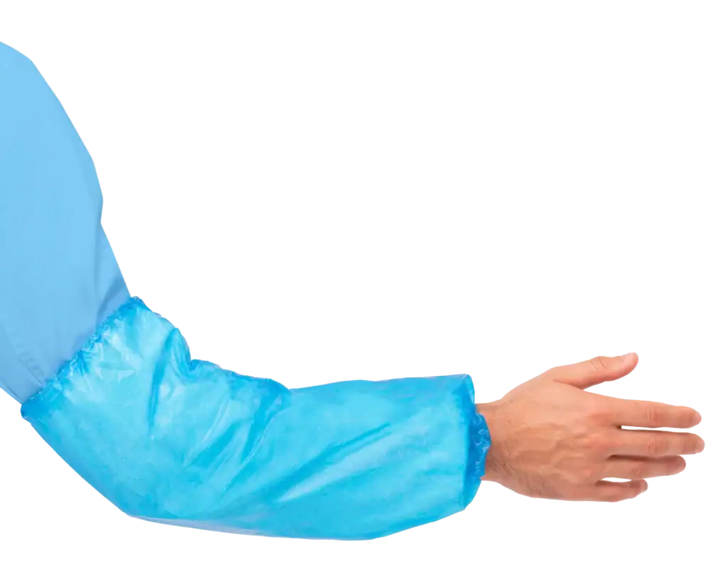 Engångsärm i polyeten Blå/Vit 40×20 cm – mjuk yta, elastiska ändar & handförseglad 100/fp